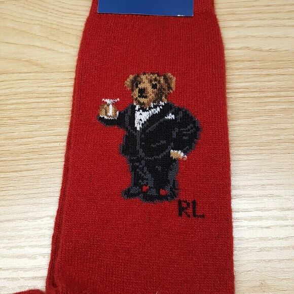 POLO RALPH LAUREN Crew Socks Mens 10-13 Red Martini RL Bear Cashmere Blend Logo - Picture 2 of 4